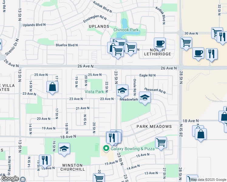 map of restaurants, bars, coffee shops, grocery stores, and more near 2314 23 Street North in Lethbridge