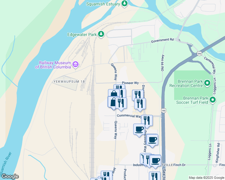 map of restaurants, bars, coffee shops, grocery stores, and more near 39202-39498 Queens Way in Squamish
