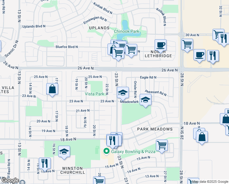 map of restaurants, bars, coffee shops, grocery stores, and more near 2314 23 Street North in Lethbridge