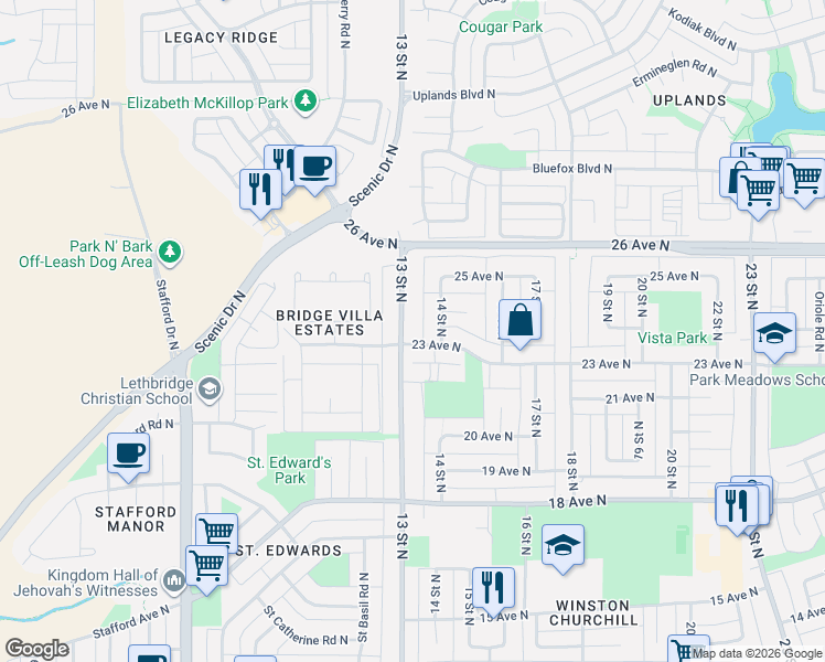 map of restaurants, bars, coffee shops, grocery stores, and more near 2305 13 Street North in Lethbridge