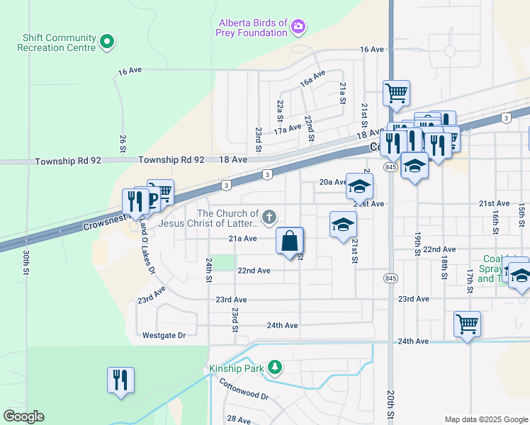 map of restaurants, bars, coffee shops, grocery stores, and more near 2216 21A Avenue in Coaldale