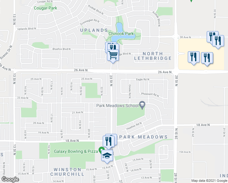 map of restaurants, bars, coffee shops, grocery stores, and more near 2401 23 Street North in Lethbridge