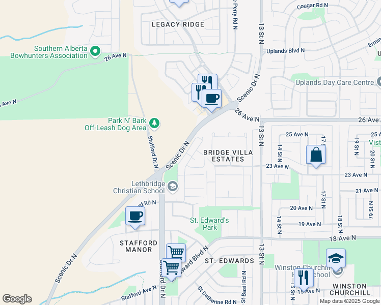 map of restaurants, bars, coffee shops, grocery stores, and more near 179 Saint James Boulevard North in Lethbridge