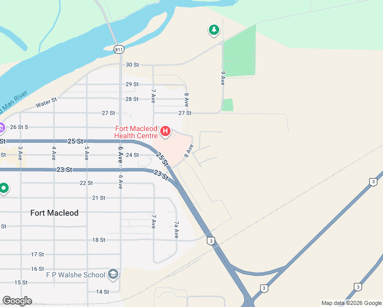 map of restaurants, bars, coffee shops, grocery stores, and more near 2 Palomino Road in Fort Macleod