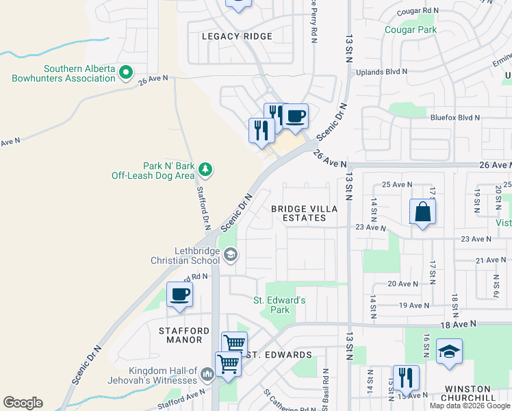 map of restaurants, bars, coffee shops, grocery stores, and more near 204 Saint James Boulevard North in Lethbridge