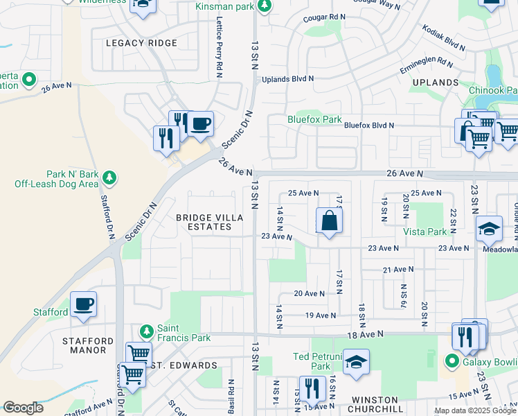 map of restaurants, bars, coffee shops, grocery stores, and more near 2409 13 Street North in Lethbridge