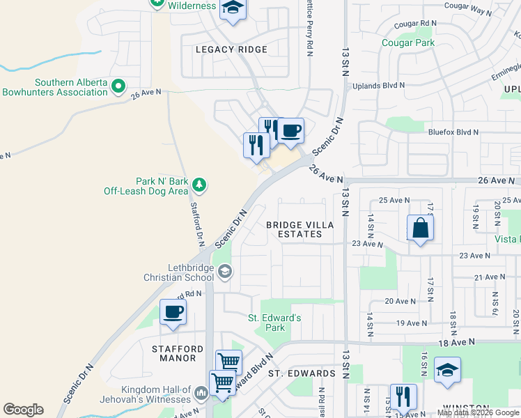 map of restaurants, bars, coffee shops, grocery stores, and more near 236 Saint James Boulevard North in Lethbridge