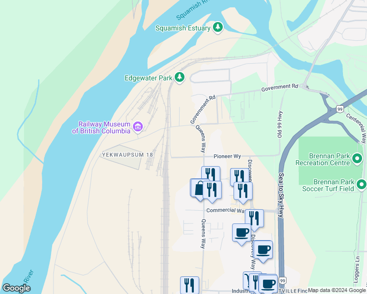 map of restaurants, bars, coffee shops, grocery stores, and more near 1111 Pioneer Way in Squamish