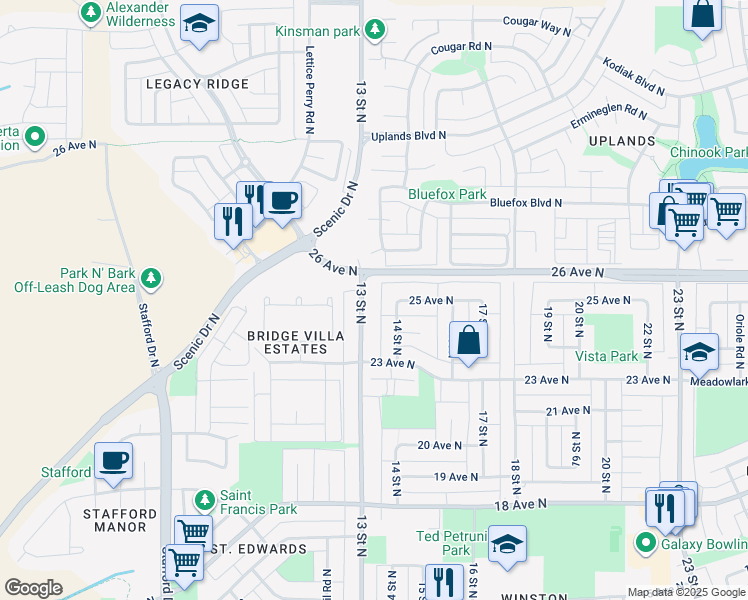 map of restaurants, bars, coffee shops, grocery stores, and more near 2501 13 Street North in Lethbridge