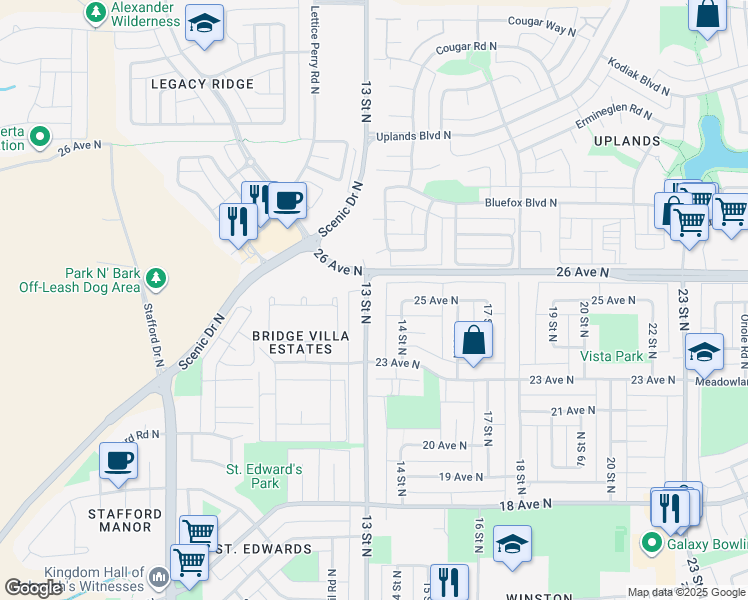 map of restaurants, bars, coffee shops, grocery stores, and more near 2425 13 Street North in Lethbridge