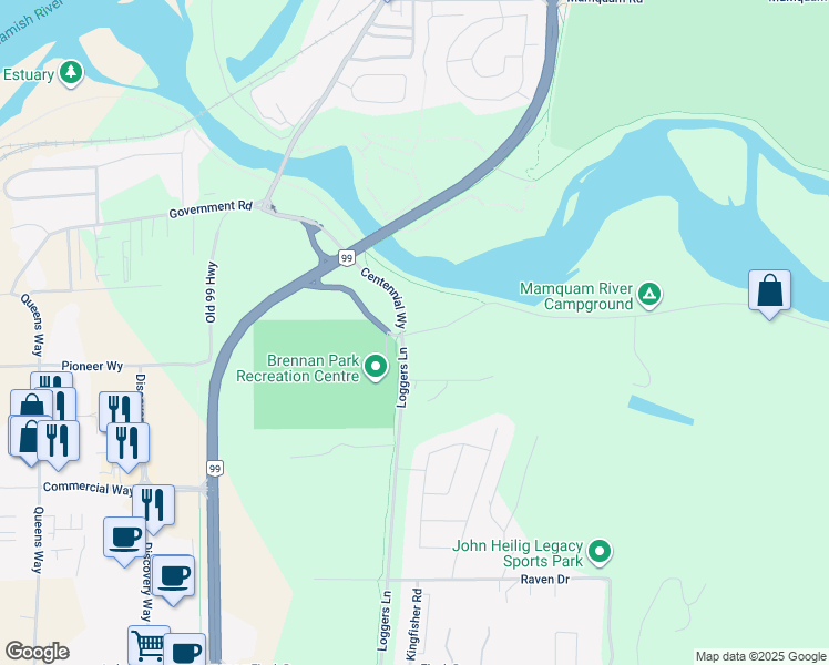 map of restaurants, bars, coffee shops, grocery stores, and more near 1940 Centennial Way in Squamish