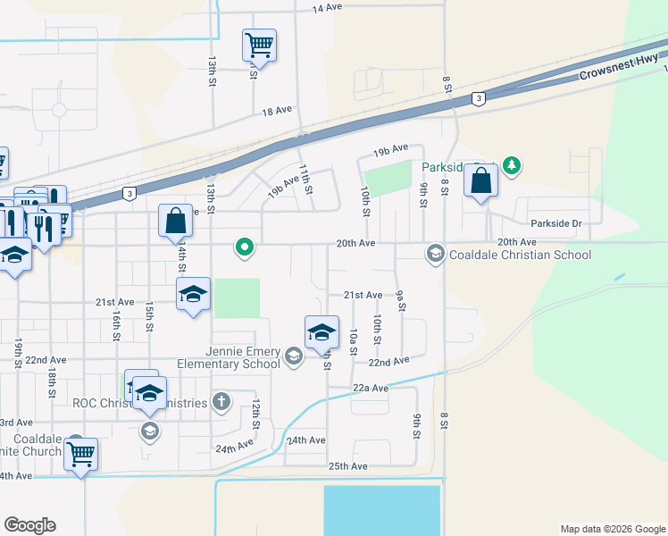 map of restaurants, bars, coffee shops, grocery stores, and more near 1020 20A Avenue in Coaldale