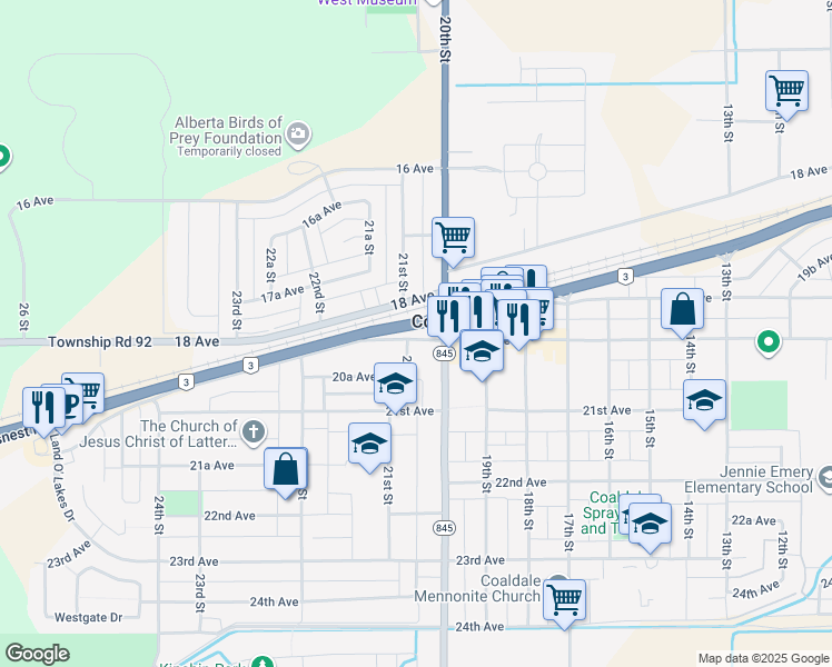 map of restaurants, bars, coffee shops, grocery stores, and more near 2000 20th Avenue in Coaldale