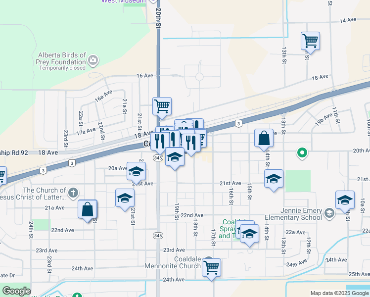 map of restaurants, bars, coffee shops, grocery stores, and more near 1723 20th Avenue in Coaldale