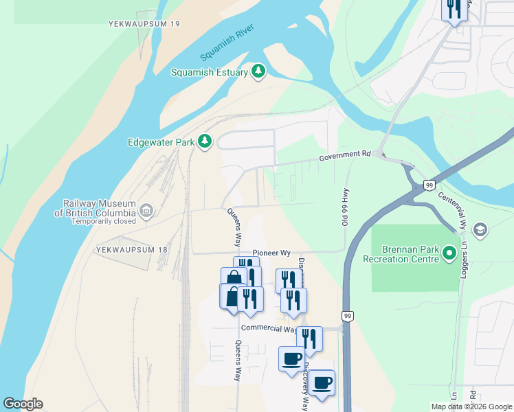 map of restaurants, bars, coffee shops, grocery stores, and more near 1005 Aspen Road in Squamish