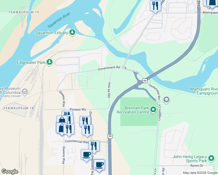 map of restaurants, bars, coffee shops, grocery stores, and more near Old 99 Highway in Squamish