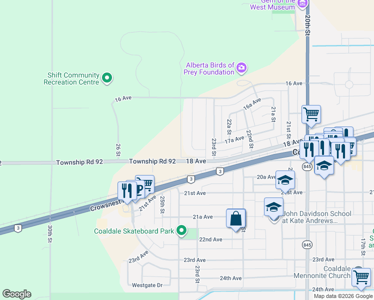 map of restaurants, bars, coffee shops, grocery stores, and more near 2333 18 Avenue in Coaldale
