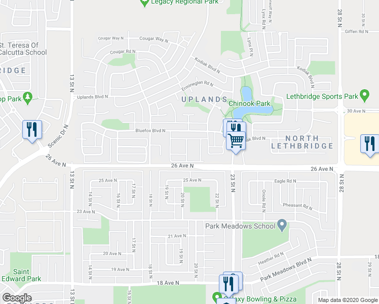 map of restaurants, bars, coffee shops, grocery stores, and more near 85 Foxbend Crescent North in Lethbridge