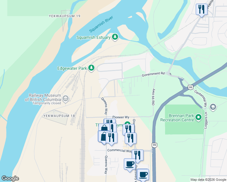 map of restaurants, bars, coffee shops, grocery stores, and more near 39752 Government Road in Squamish