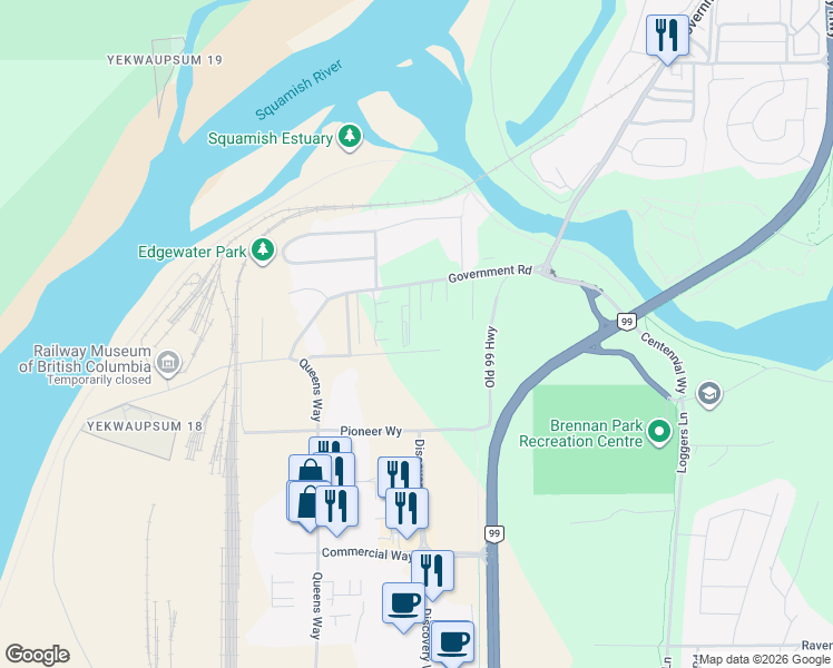 map of restaurants, bars, coffee shops, grocery stores, and more near 39764 Government Road in Squamish