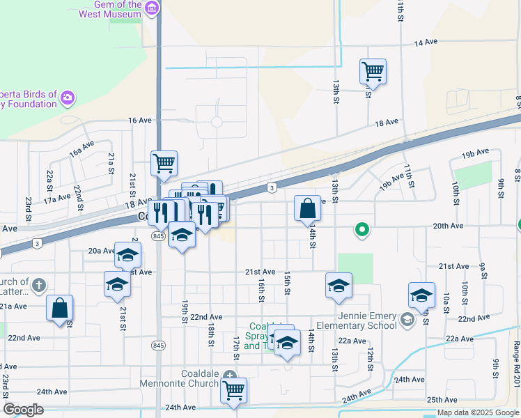 map of restaurants, bars, coffee shops, grocery stores, and more near 1900 16th Street in Coaldale