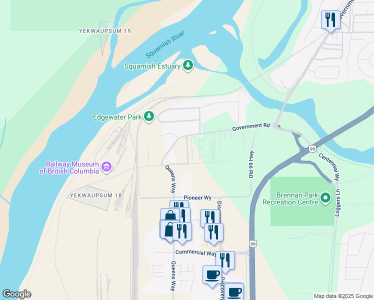map of restaurants, bars, coffee shops, grocery stores, and more near 8 Government Road in Squamish
