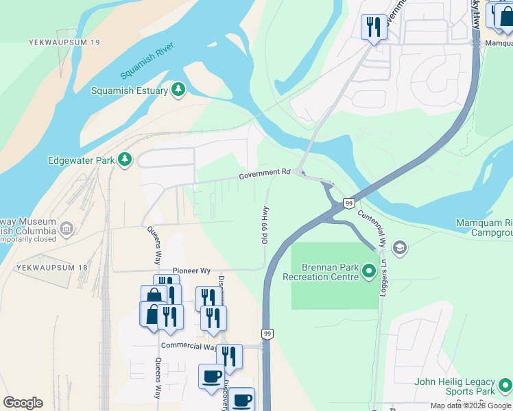map of restaurants, bars, coffee shops, grocery stores, and more near Old 99 Highway in Squamish
