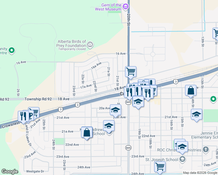 map of restaurants, bars, coffee shops, grocery stores, and more near 2118 18 Avenue in Coaldale