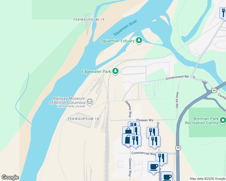 map of restaurants, bars, coffee shops, grocery stores, and more near 39721 Clark Road in Squamish