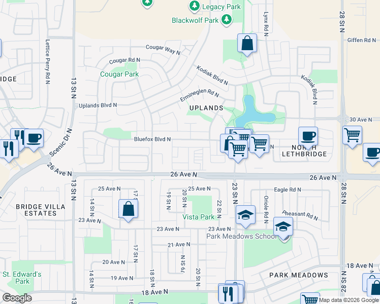 map of restaurants, bars, coffee shops, grocery stores, and more near 85 Foxbend Crescent North in Lethbridge
