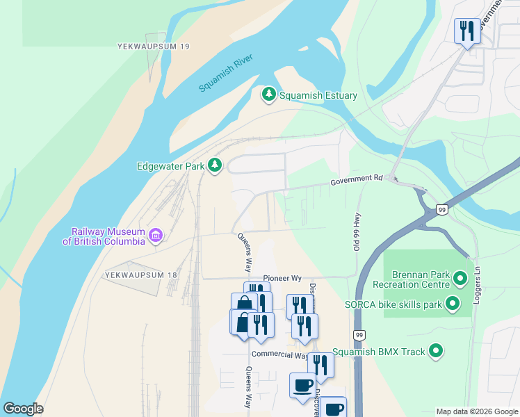 map of restaurants, bars, coffee shops, grocery stores, and more near 39726 Government Road in Squamish