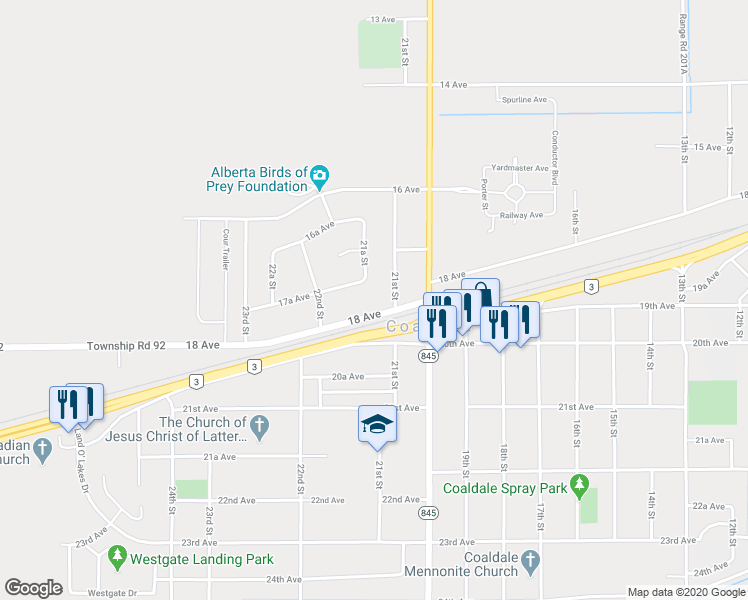 map of restaurants, bars, coffee shops, grocery stores, and more near 2114 18 Avenue in Coaldale