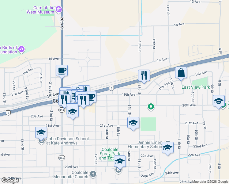 map of restaurants, bars, coffee shops, grocery stores, and more near 1515 18 Avenue in Coaldale