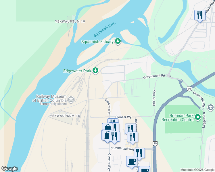 map of restaurants, bars, coffee shops, grocery stores, and more near 39727 Government Road in Squamish