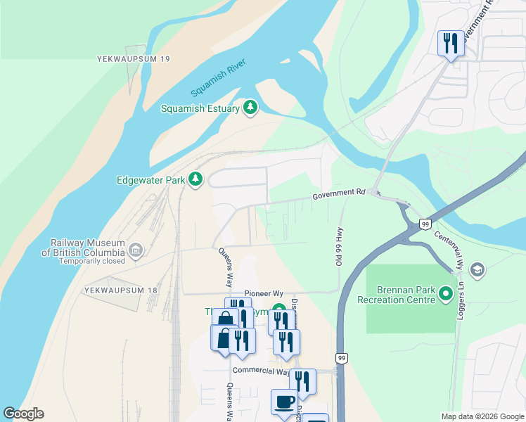 map of restaurants, bars, coffee shops, grocery stores, and more near 39758 Government Road in Squamish