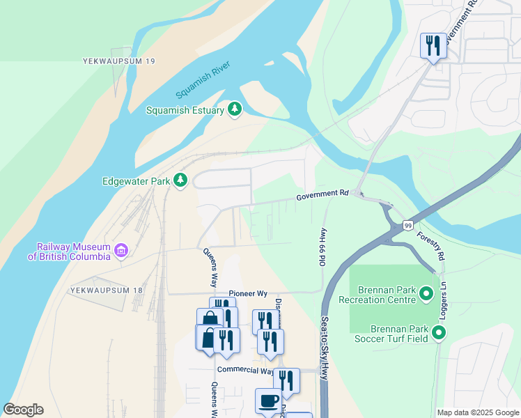 map of restaurants, bars, coffee shops, grocery stores, and more near 39758 Government Road in Squamish