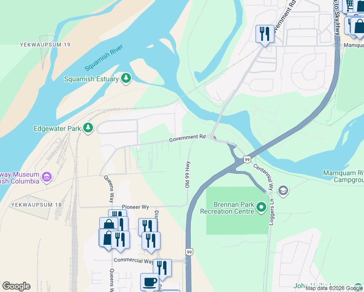 map of restaurants, bars, coffee shops, grocery stores, and more near 39884 Government Road in Squamish