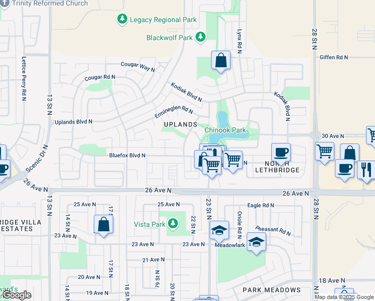 map of restaurants, bars, coffee shops, grocery stores, and more near 7 Ermineview Road North in Lethbridge