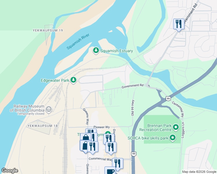 map of restaurants, bars, coffee shops, grocery stores, and more near 39767 Government Road in Squamish