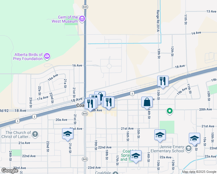map of restaurants, bars, coffee shops, grocery stores, and more near 1713 18 Avenue in Coaldale