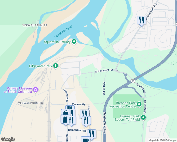 map of restaurants, bars, coffee shops, grocery stores, and more near 39771 Government Road in Squamish