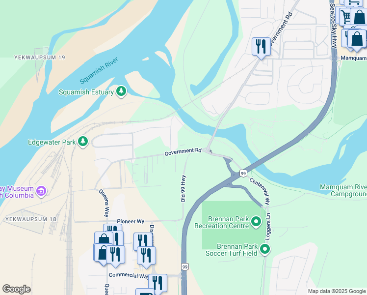 map of restaurants, bars, coffee shops, grocery stores, and more near 39893 Government Road in Squamish