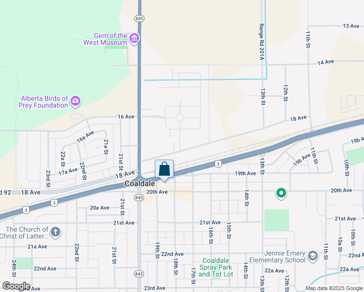 map of restaurants, bars, coffee shops, grocery stores, and more near 1713 18 Avenue in Coaldale