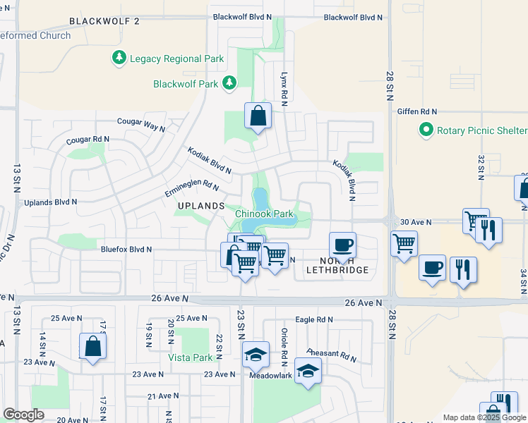 map of restaurants, bars, coffee shops, grocery stores, and more near in Lethbridge