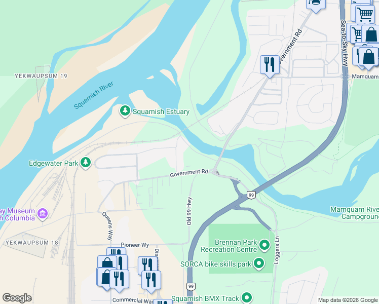 map of restaurants, bars, coffee shops, grocery stores, and more near 39885 Government Road in Squamish