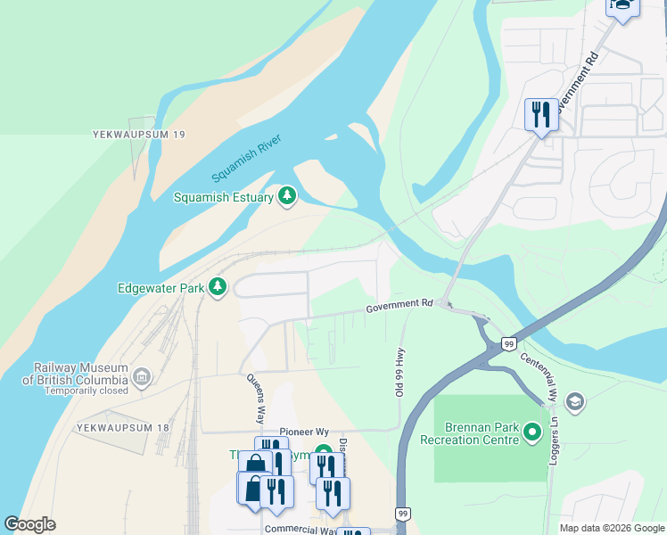 map of restaurants, bars, coffee shops, grocery stores, and more near 1200 Edgewater Drive in Squamish