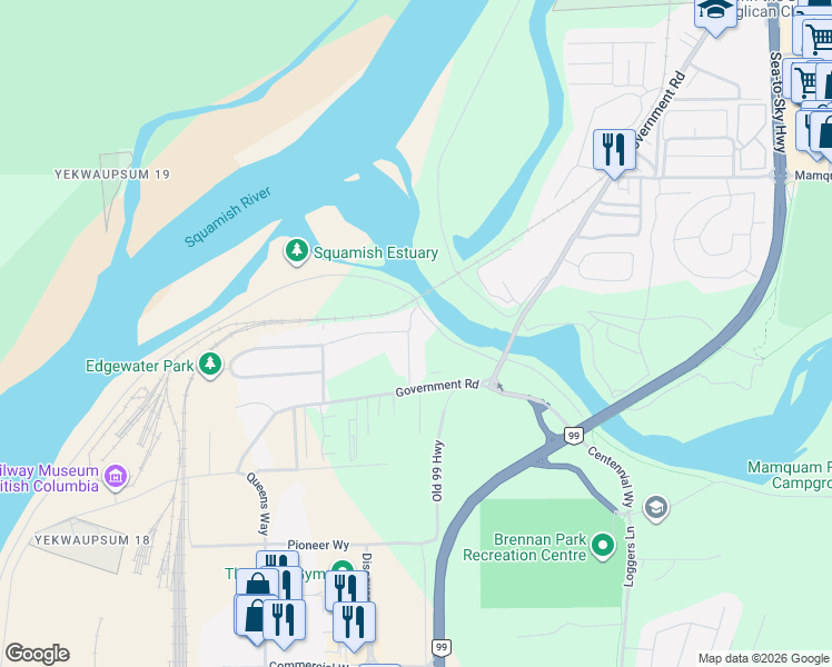 map of restaurants, bars, coffee shops, grocery stores, and more near 39885 Government Road in Squamish