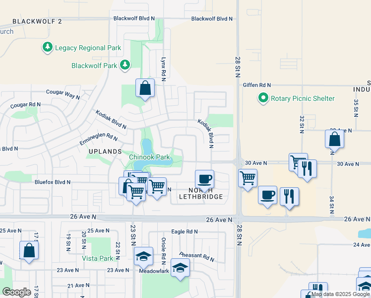 map of restaurants, bars, coffee shops, grocery stores, and more near 117 Grizzly Terrace North in Lethbridge