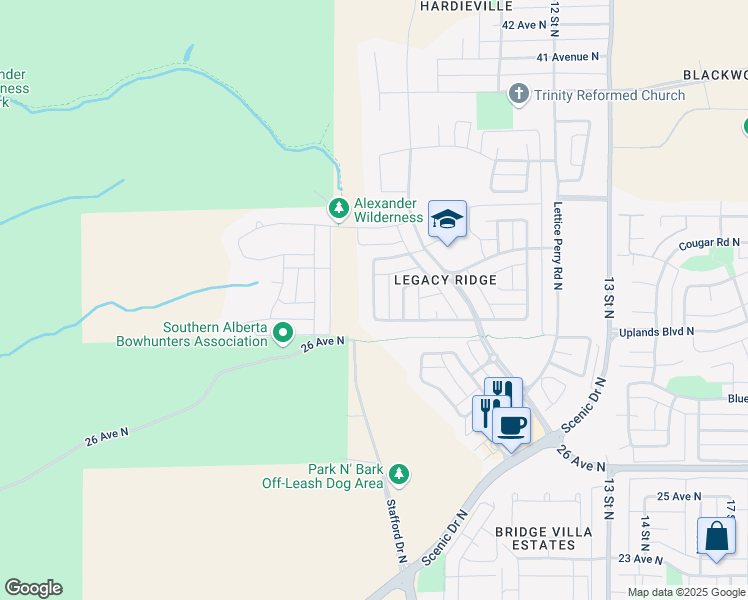map of restaurants, bars, coffee shops, grocery stores, and more near 514 Mary Cameron Crescent in Lethbridge