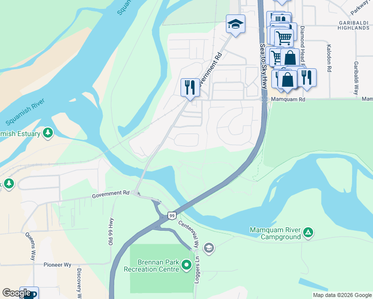 map of restaurants, bars, coffee shops, grocery stores, and more near 39980-39988 Government Road in Squamish